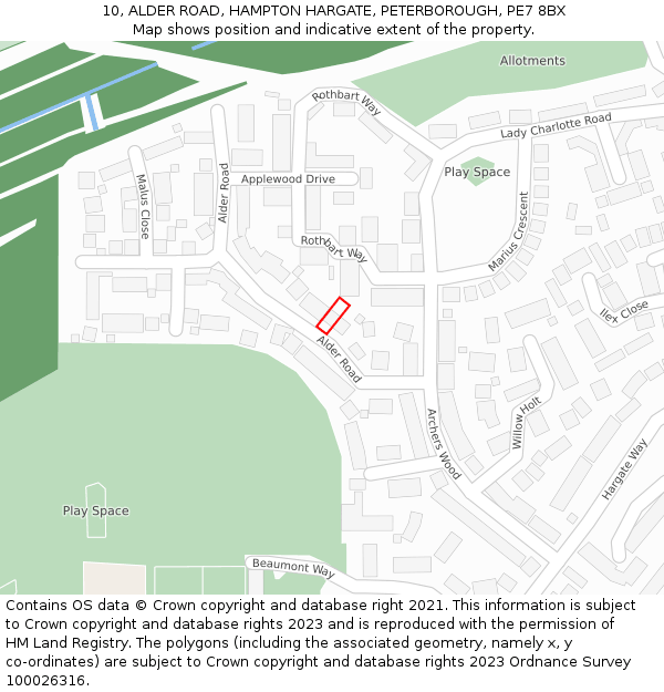 10, ALDER ROAD, HAMPTON HARGATE, PETERBOROUGH, PE7 8BX: Location map and indicative extent of plot