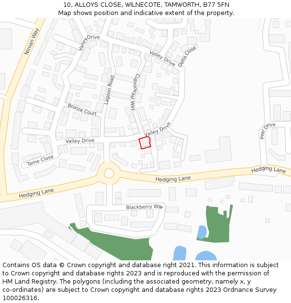 10, ALLOYS CLOSE, WILNECOTE, TAMWORTH, B77 5FN: Location map and indicative extent of plot