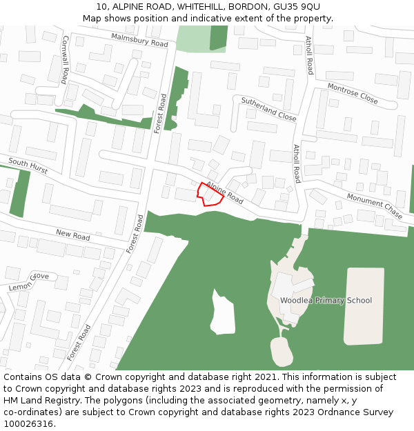 10, ALPINE ROAD, WHITEHILL, BORDON, GU35 9QU: Location map and indicative extent of plot