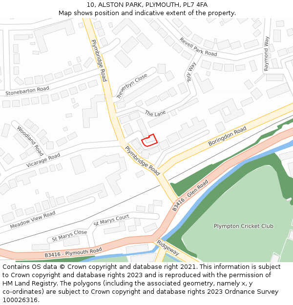 10, ALSTON PARK, PLYMOUTH, PL7 4FA: Location map and indicative extent of plot