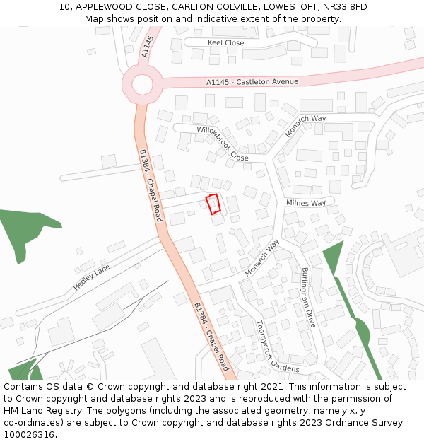 10, APPLEWOOD CLOSE, CARLTON COLVILLE, LOWESTOFT, NR33 8FD: Location map and indicative extent of plot