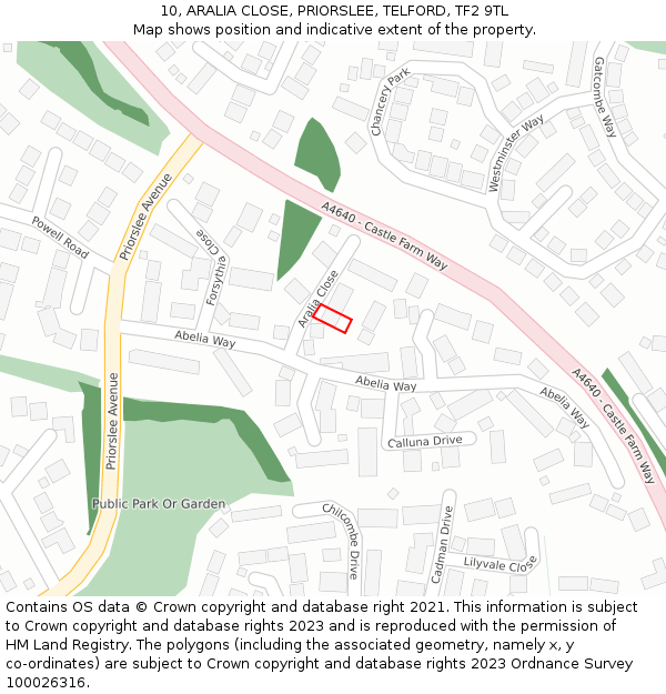 10, ARALIA CLOSE, PRIORSLEE, TELFORD, TF2 9TL: Location map and indicative extent of plot