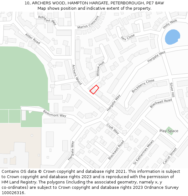 10, ARCHERS WOOD, HAMPTON HARGATE, PETERBOROUGH, PE7 8AW: Location map and indicative extent of plot