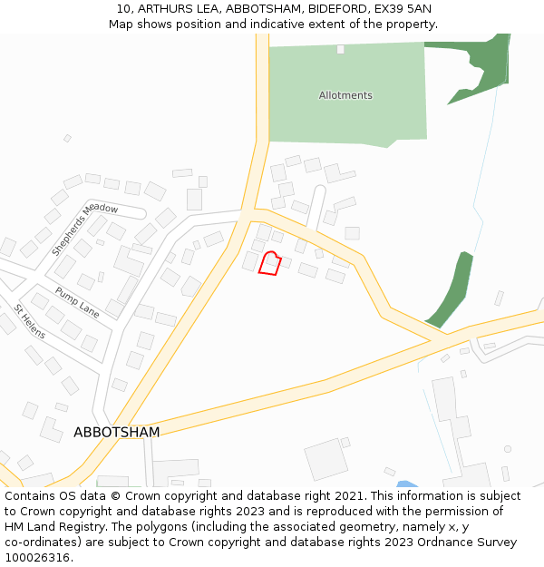 10, ARTHURS LEA, ABBOTSHAM, BIDEFORD, EX39 5AN: Location map and indicative extent of plot