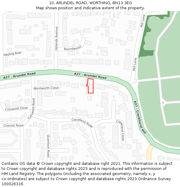 10, ARUNDEL ROAD, WORTHING, BN13 3EG: Location map and indicative extent of plot