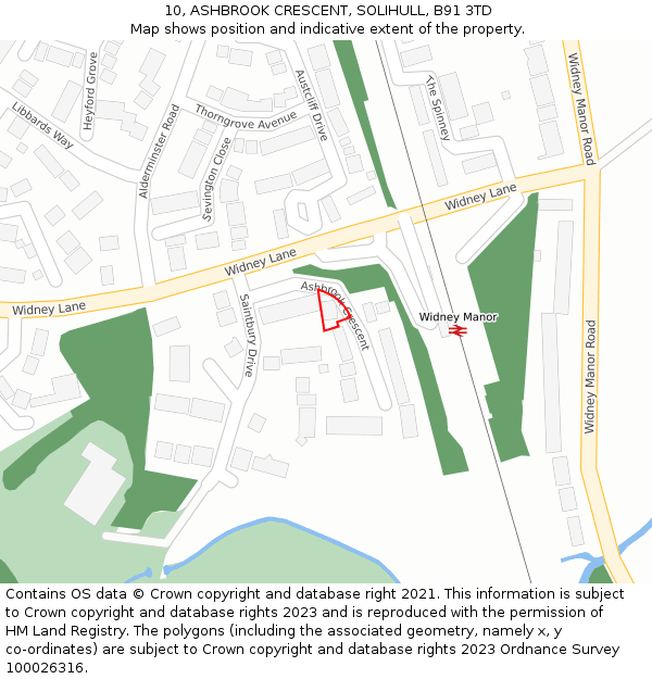 10, ASHBROOK CRESCENT, SOLIHULL, B91 3TD: Location map and indicative extent of plot
