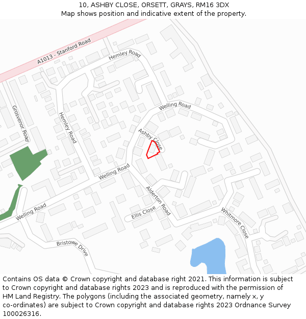 10, ASHBY CLOSE, ORSETT, GRAYS, RM16 3DX: Location map and indicative extent of plot