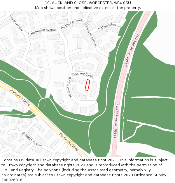 10, AUCKLAND CLOSE, WORCESTER, WR4 0SU: Location map and indicative extent of plot