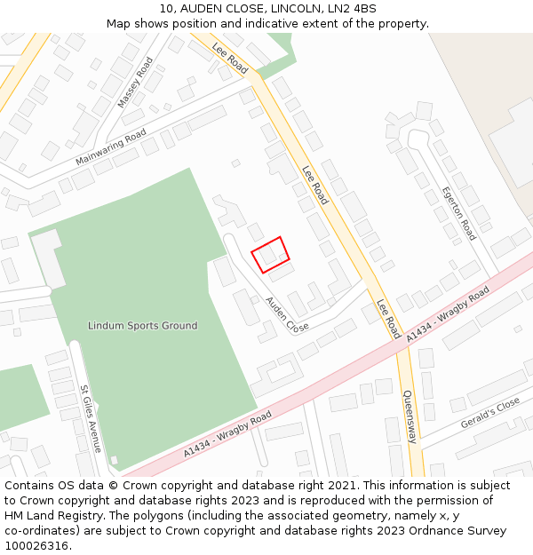 10, AUDEN CLOSE, LINCOLN, LN2 4BS: Location map and indicative extent of plot
