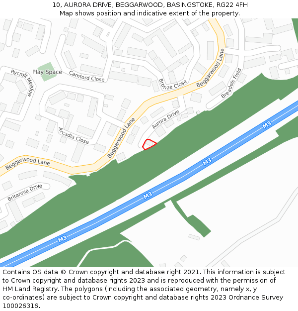 10, AURORA DRIVE, BEGGARWOOD, BASINGSTOKE, RG22 4FH: Location map and indicative extent of plot
