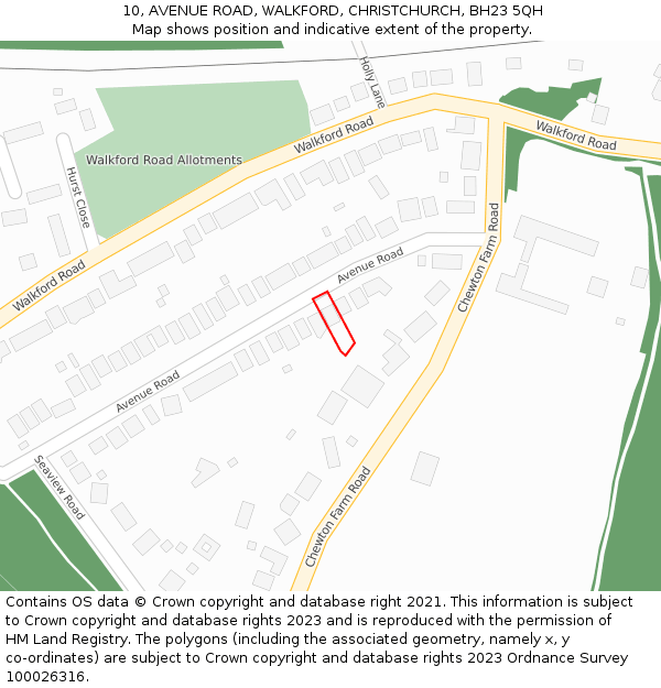 10, AVENUE ROAD, WALKFORD, CHRISTCHURCH, BH23 5QH: Location map and indicative extent of plot
