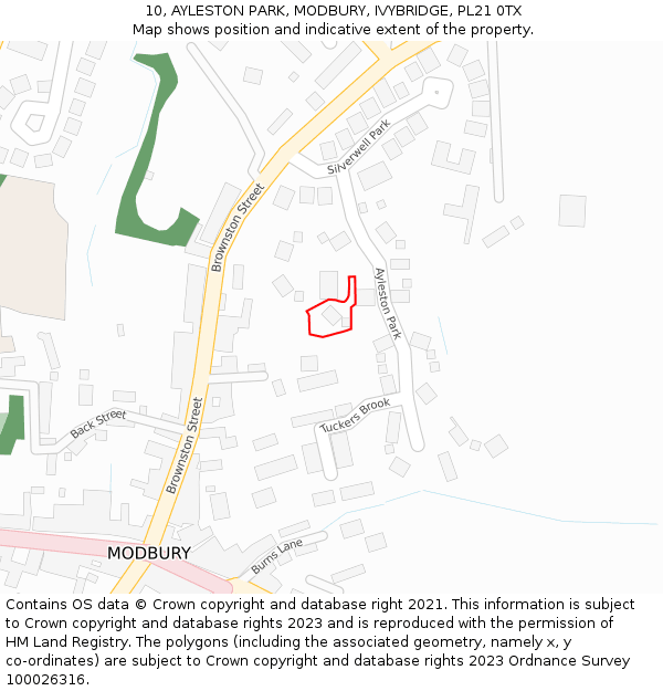 10, AYLESTON PARK, MODBURY, IVYBRIDGE, PL21 0TX: Location map and indicative extent of plot