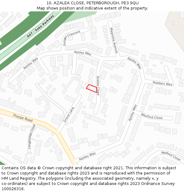 10, AZALEA CLOSE, PETERBOROUGH, PE3 9QU: Location map and indicative extent of plot