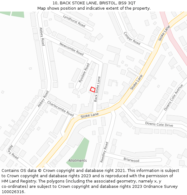 10, BACK STOKE LANE, BRISTOL, BS9 3QT: Location map and indicative extent of plot