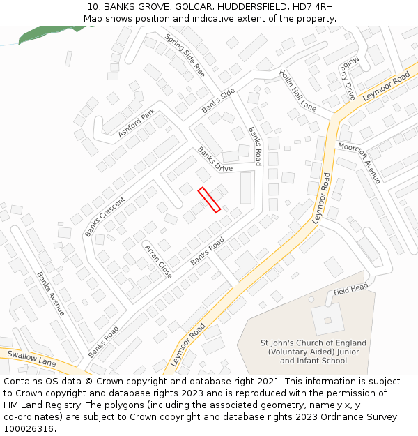 10, BANKS GROVE, GOLCAR, HUDDERSFIELD, HD7 4RH: Location map and indicative extent of plot