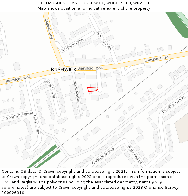 10, BARADENE LANE, RUSHWICK, WORCESTER, WR2 5TL: Location map and indicative extent of plot