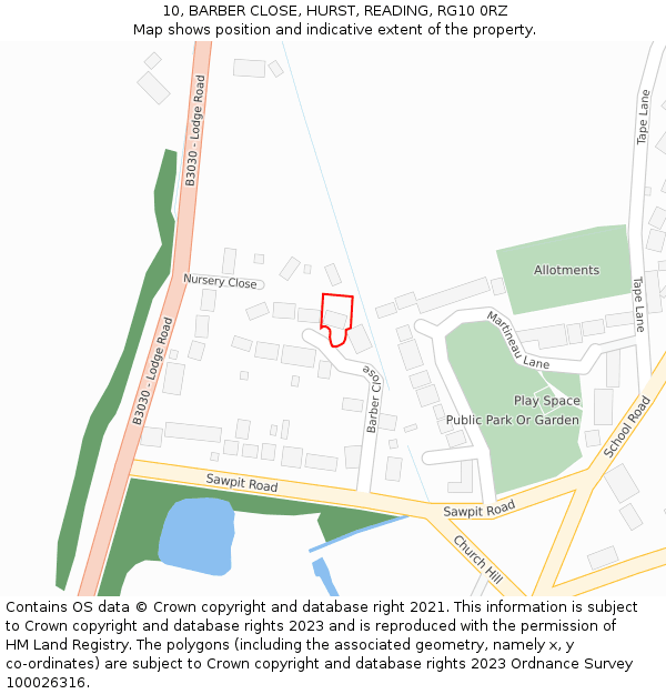 10, BARBER CLOSE, HURST, READING, RG10 0RZ: Location map and indicative extent of plot