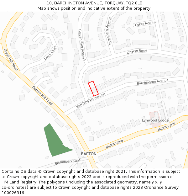 10, BARCHINGTON AVENUE, TORQUAY, TQ2 8LB: Location map and indicative extent of plot