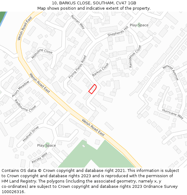 10, BARKUS CLOSE, SOUTHAM, CV47 1GB: Location map and indicative extent of plot