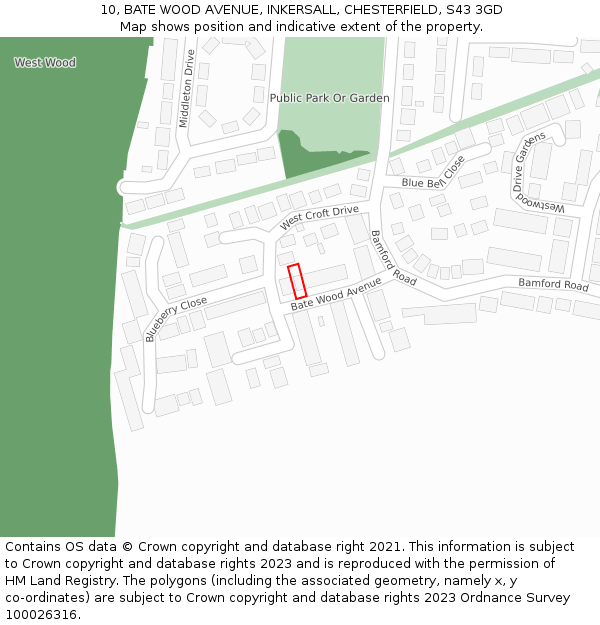 10, BATE WOOD AVENUE, INKERSALL, CHESTERFIELD, S43 3GD: Location map and indicative extent of plot