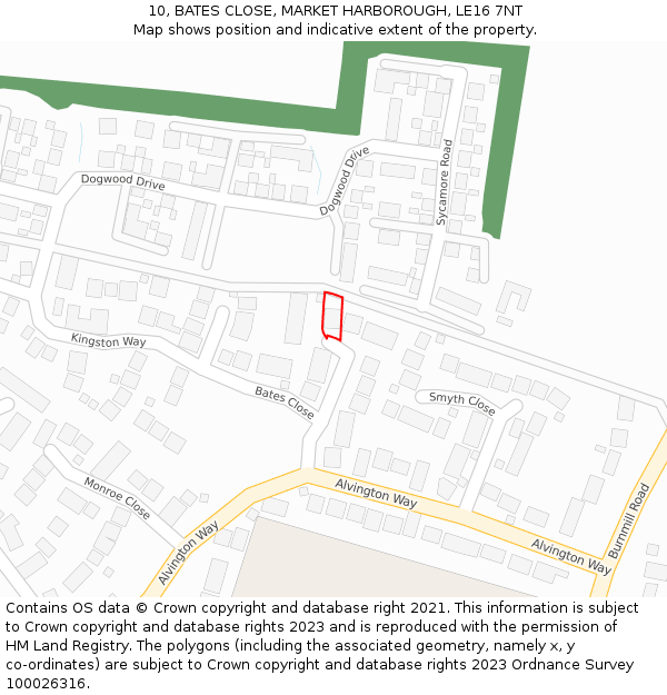 10, BATES CLOSE, MARKET HARBOROUGH, LE16 7NT: Location map and indicative extent of plot