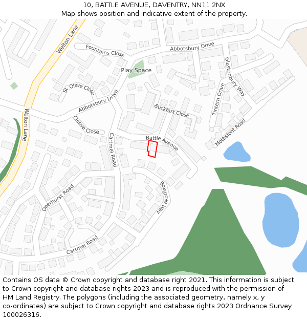 10, BATTLE AVENUE, DAVENTRY, NN11 2NX: Location map and indicative extent of plot