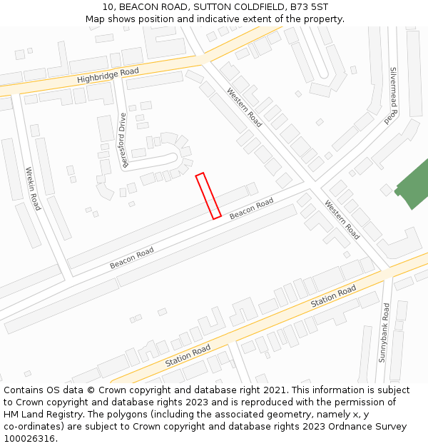 10, BEACON ROAD, SUTTON COLDFIELD, B73 5ST: Location map and indicative extent of plot