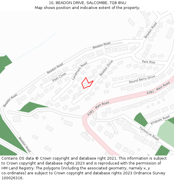 10, BEADON DRIVE, SALCOMBE, TQ8 8NU: Location map and indicative extent of plot