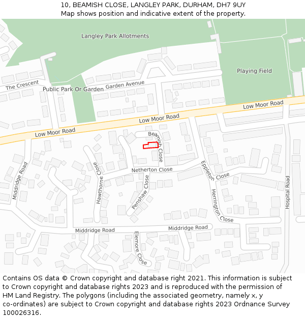 10, BEAMISH CLOSE, LANGLEY PARK, DURHAM, DH7 9UY: Location map and indicative extent of plot