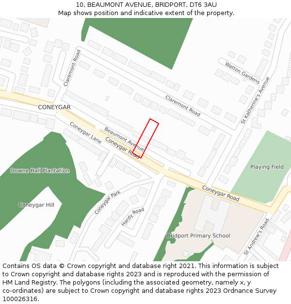10, BEAUMONT AVENUE, BRIDPORT, DT6 3AU: Location map and indicative extent of plot