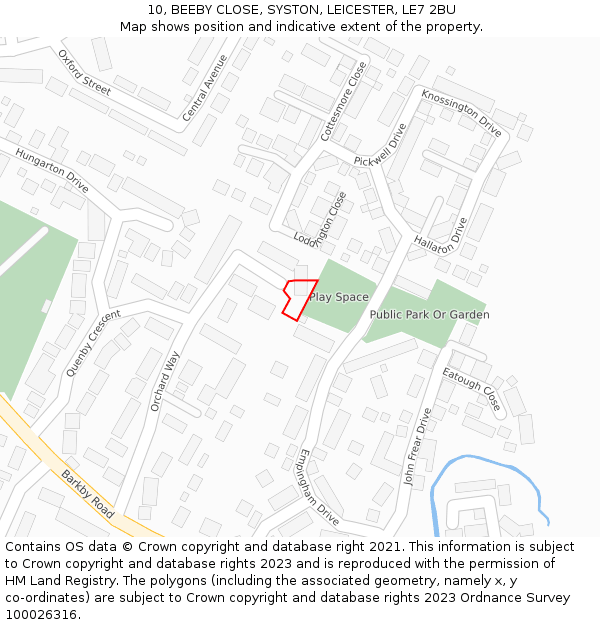 10, BEEBY CLOSE, SYSTON, LEICESTER, LE7 2BU: Location map and indicative extent of plot
