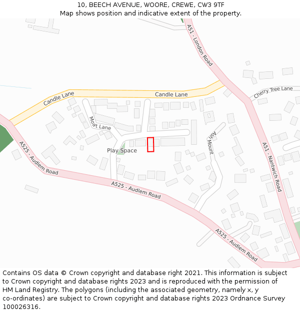 10, BEECH AVENUE, WOORE, CREWE, CW3 9TF: Location map and indicative extent of plot