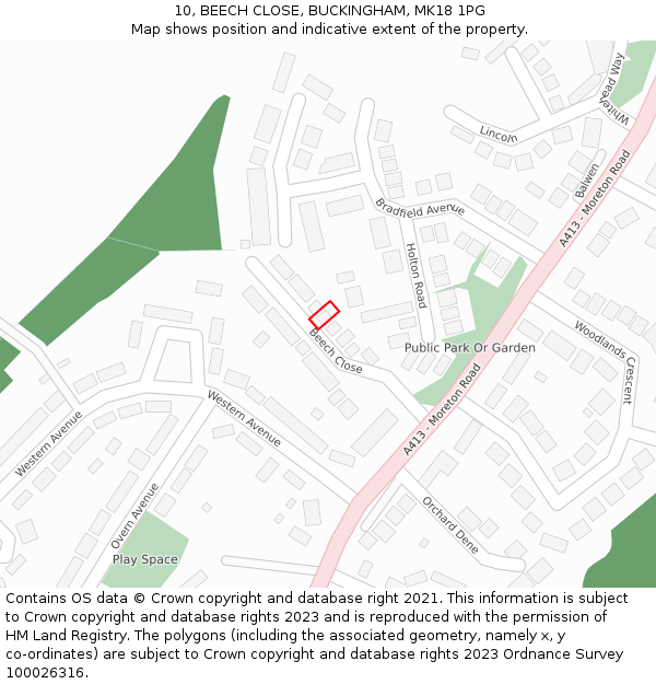 10, BEECH CLOSE, BUCKINGHAM, MK18 1PG: Location map and indicative extent of plot