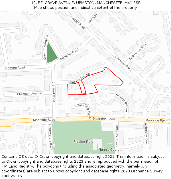 10, BELGRAVE AVENUE, URMSTON, MANCHESTER, M41 8SR: Location map and indicative extent of plot