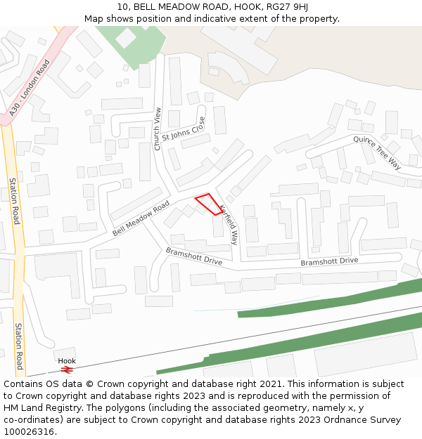 10, BELL MEADOW ROAD, HOOK, RG27 9HJ: Location map and indicative extent of plot