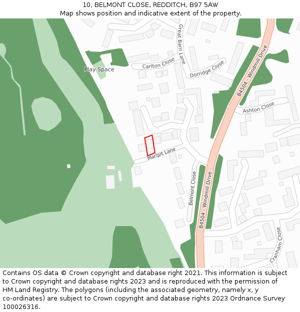 10, BELMONT CLOSE, REDDITCH, B97 5AW: Location map and indicative extent of plot