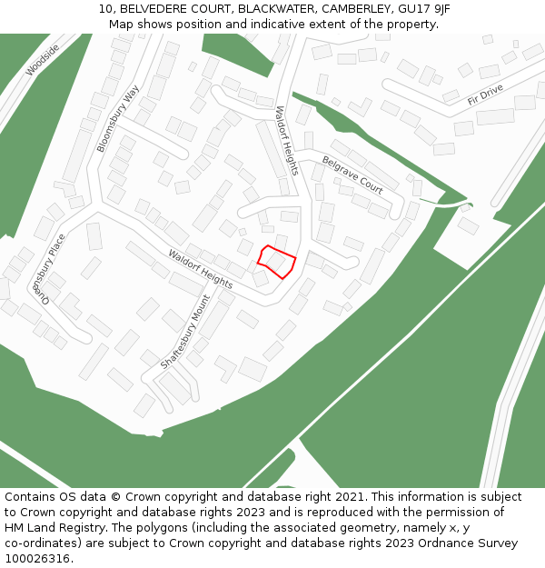 10, BELVEDERE COURT, BLACKWATER, CAMBERLEY, GU17 9JF: Location map and indicative extent of plot