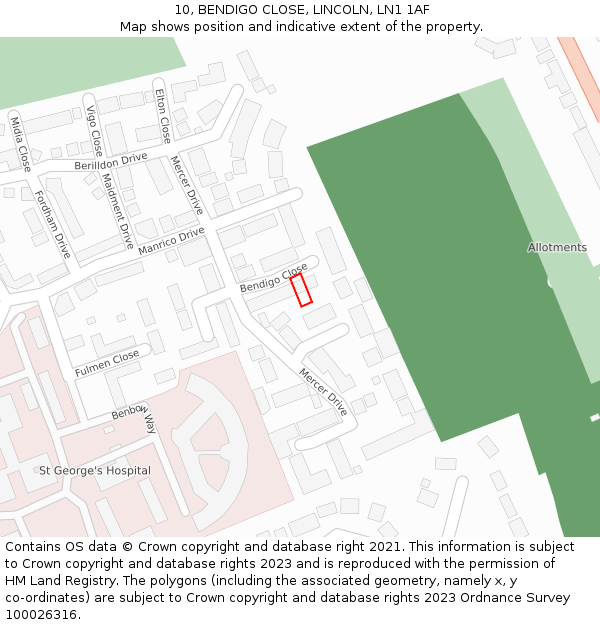 10, BENDIGO CLOSE, LINCOLN, LN1 1AF: Location map and indicative extent of plot