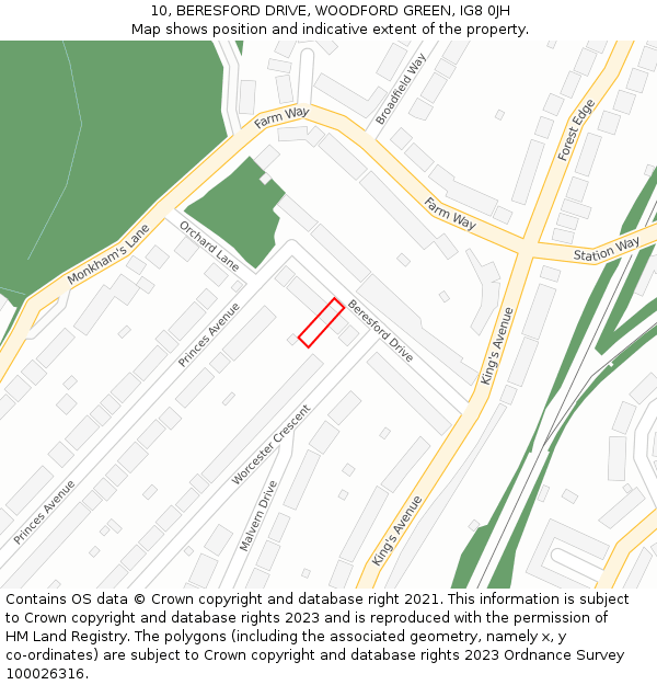 10, BERESFORD DRIVE, WOODFORD GREEN, IG8 0JH: Location map and indicative extent of plot