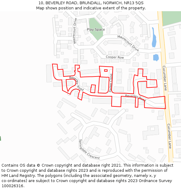 10, BEVERLEY ROAD, BRUNDALL, NORWICH, NR13 5QS: Location map and indicative extent of plot