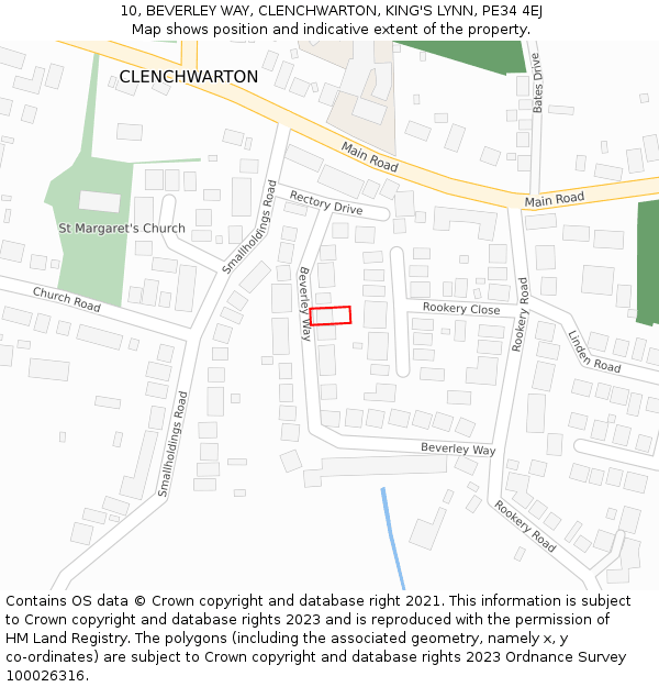 10, BEVERLEY WAY, CLENCHWARTON, KING'S LYNN, PE34 4EJ: Location map and indicative extent of plot