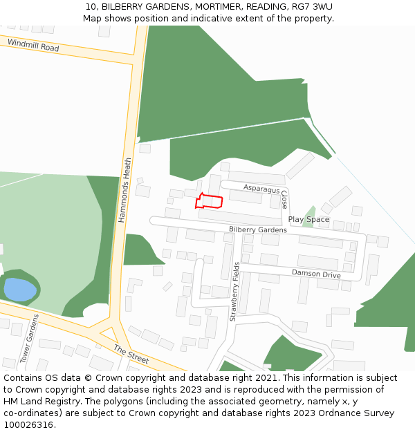 10, BILBERRY GARDENS, MORTIMER, READING, RG7 3WU: Location map and indicative extent of plot
