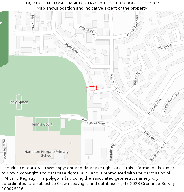 10, BIRCHEN CLOSE, HAMPTON HARGATE, PETERBOROUGH, PE7 8BY: Location map and indicative extent of plot