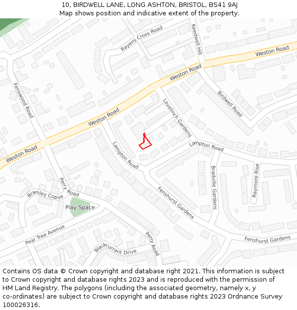 10, BIRDWELL LANE, LONG ASHTON, BRISTOL, BS41 9AJ: Location map and indicative extent of plot