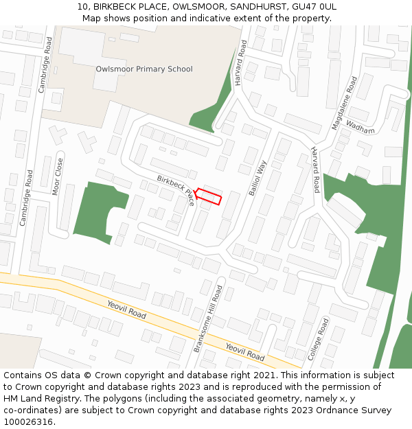10, BIRKBECK PLACE, OWLSMOOR, SANDHURST, GU47 0UL: Location map and indicative extent of plot