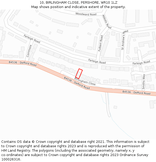 10, BIRLINGHAM CLOSE, PERSHORE, WR10 1LZ: Location map and indicative extent of plot