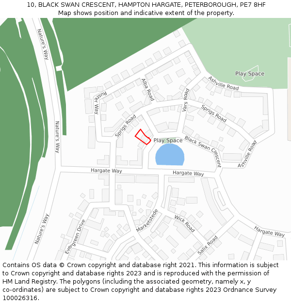 10, BLACK SWAN CRESCENT, HAMPTON HARGATE, PETERBOROUGH, PE7 8HF: Location map and indicative extent of plot