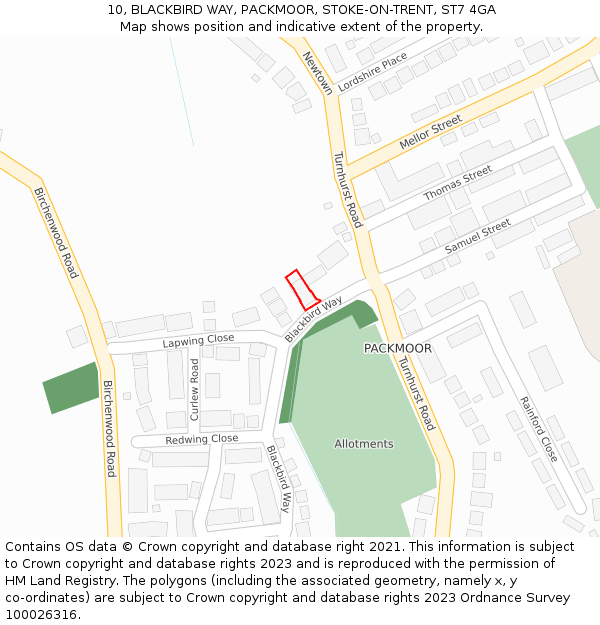 10, BLACKBIRD WAY, PACKMOOR, STOKE-ON-TRENT, ST7 4GA: Location map and indicative extent of plot