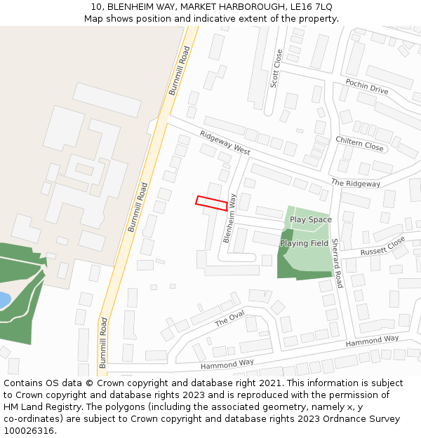 10, BLENHEIM WAY, MARKET HARBOROUGH, LE16 7LQ: Location map and indicative extent of plot
