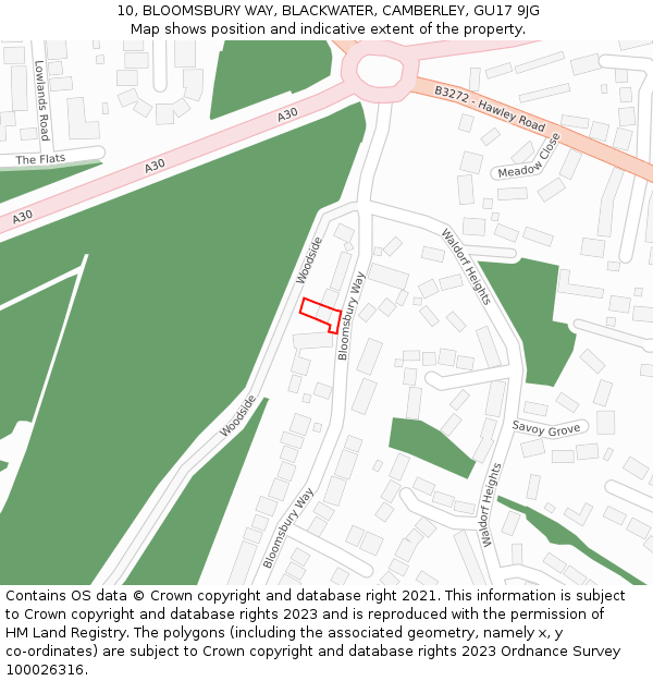10, BLOOMSBURY WAY, BLACKWATER, CAMBERLEY, GU17 9JG: Location map and indicative extent of plot